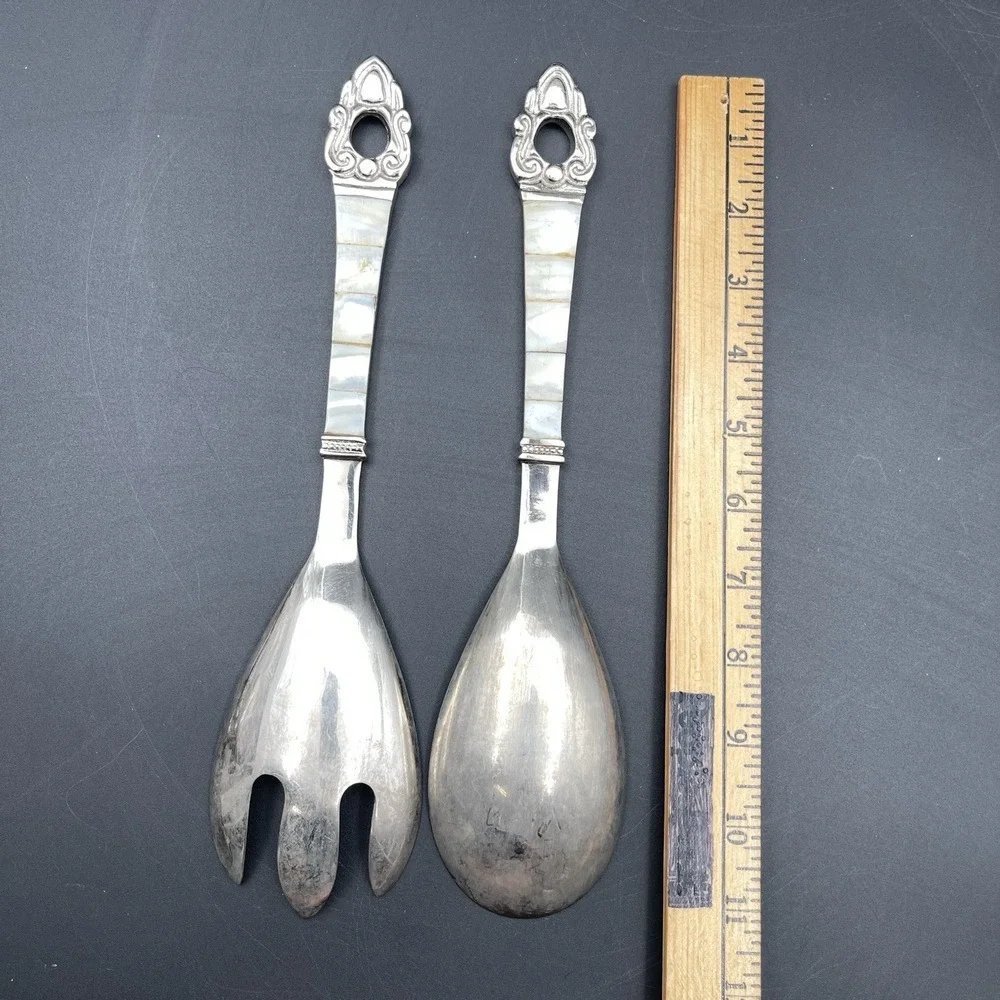 Vintage Mother of Pearl Handle Salad Serving Spoon & Fork Set Unmarked